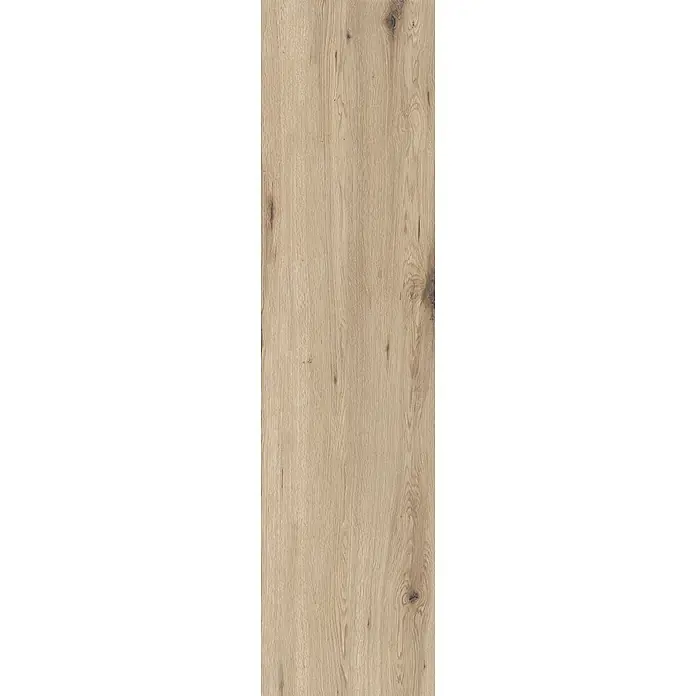 Feinsteinzeug in roher matter beiger Holzoptik 30x120 - Ital. Fliesen -  - Helle Holzmaserung in Braun mit natürlichen Variationen und dunklen Ästen.