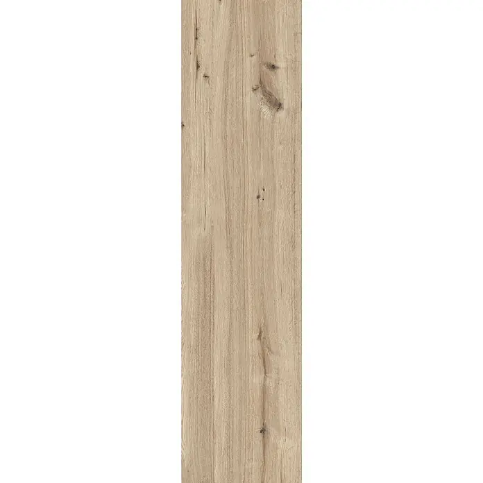 Feinsteinzeug in roher matter beiger Holzoptik 30x120 - Ital. Fliesen -  - Helle, natürliche Holzmaserung mit deutlichen Maserungen und dunklen Ästen, ideal für Bodenbeläge oder Verkleidungen.