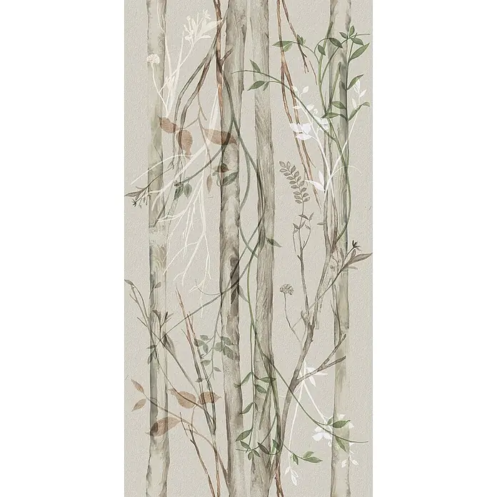 Dekorierte Wandfliese aus Feinsteinzeug 04 60x120 - Italienische Fliesen -  - Aquarell-Waldmuster mit vertikalen Baumstämmen, Ästen und Blättern in gedämpften Naturtönen.