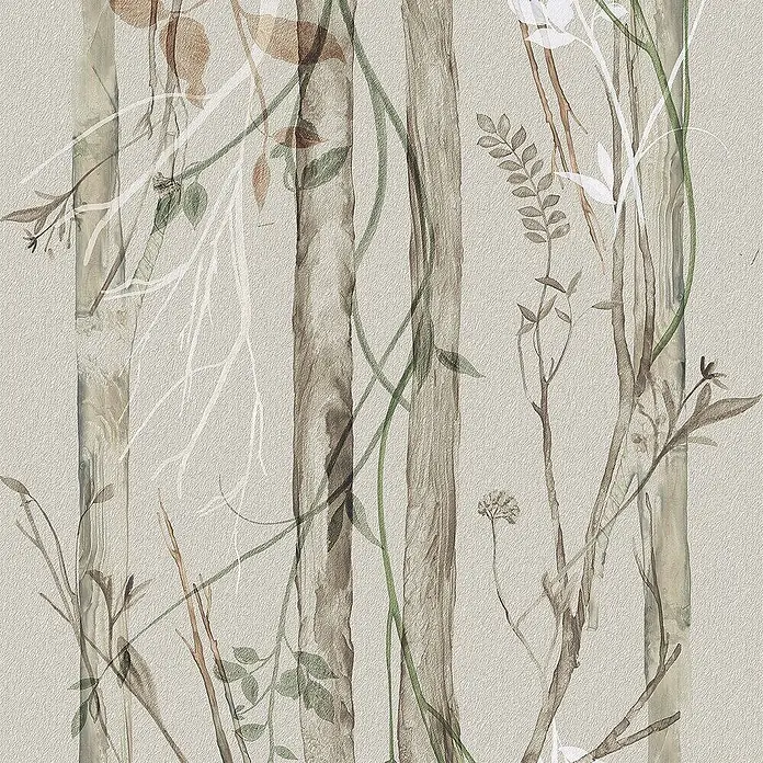 Dekorierte Wandfliese aus Feinsteinzeug 04 60x120 - Italienische Fliesen -  - Aquarell-Waldmuster mit gedämpften Baumstämmen, Ästen und Blättern in Erdtönen.