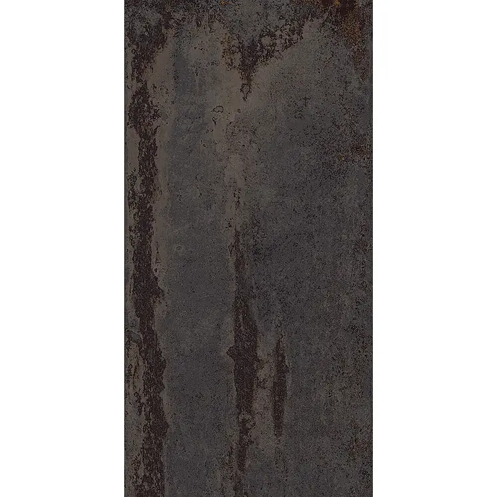 Feinsteinzeug in schwarzer Metalloptik 30x60 - Italienische Fliesen -  - Dunkelgraue strukturierte Oberfläche mit rostbraunen und schwarzen gesprenkelten Mustern.