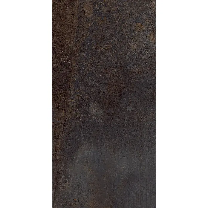 Feinsteinzeug in schwarzer Metalloptik 30x60 - Italienische Fliesen -  - Dunkle, texturierte Fliese in verwitterter Metalloptik, mit Braun-, Grau- und Rosttönen.