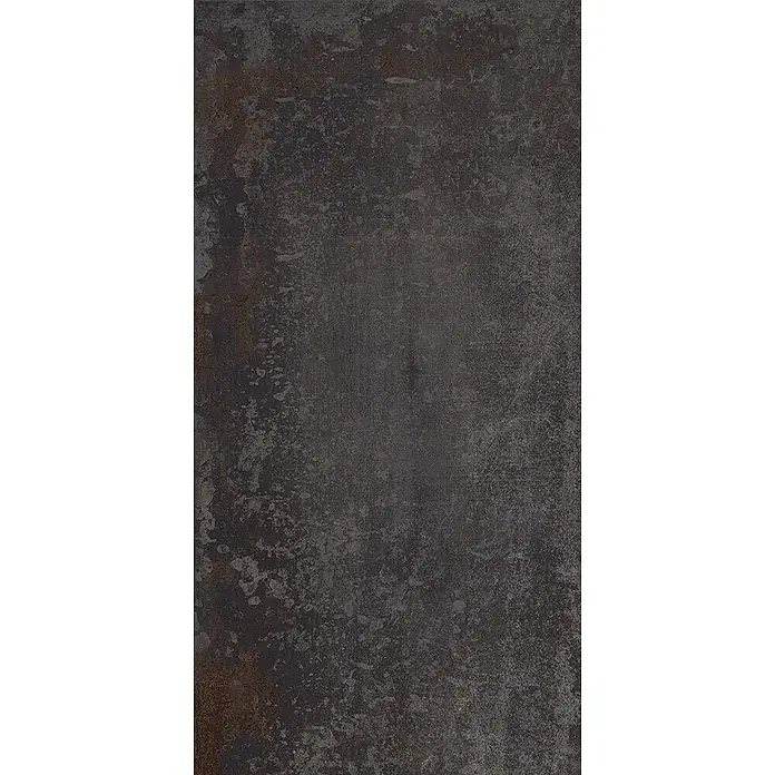 Feinsteinzeug in schwarzer Metalloptik 30x60 - Italienische Fliesen -  - Dunkle, gebrauchte Textur ähnlich altem Metall oder Beton, mit Rostbraun-Akzenten.