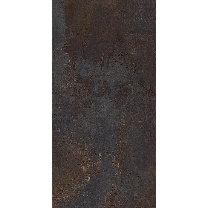 Feinsteinzeug in schwarzer Metalloptik 30x60 - Italienische Fliesen -  - Dunkle, strukturierte Fliese mit rostbraunen Mustern, die an oxidiertes Metall erinnert.