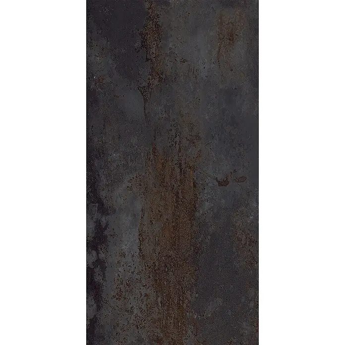 Feinsteinzeug in schwarzer Metalloptik 30x60 - Italienische Fliesen -  - Dunkelgraue, strukturierte Metalloberfläche mit Rost- und Kupferakzenten.