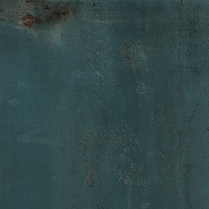 Feinsteinzeug in oxidierter grüner Metalloptik 60x60 - Italienische Fliesen -  - Dunkelpetrolfarbene Metalloberfläche mit Rosttextur.