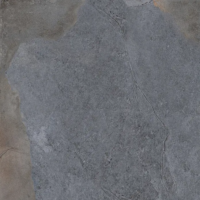 Feinsteinzeug in Steinoptik 60x60, 20 mm, rutschhemmend - Ital. Fliesen -  - Dunkelgraue Natursteinfliese mit variierter Oberflächentextur und subtilen Erdtönen.