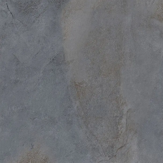 Feinsteinzeug in Steinoptik 60x60, 20 mm, rutschhemmend - Ital. Fliesen -  - Dunkelgraue Stein- oder Betontextur mit helleren grauen Bereichen und subtilen rotbraunen Maserungen, ideal für Oberflächen.