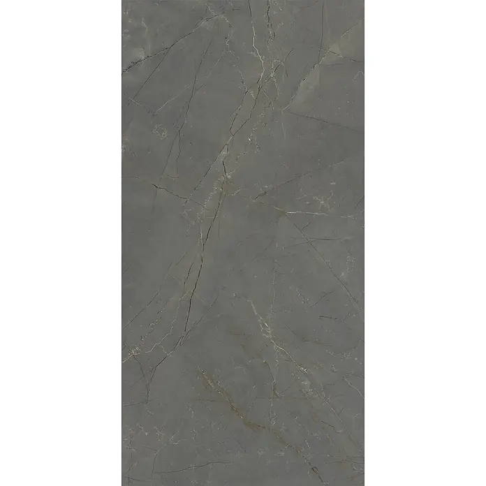 Feinsteinzeug in glänzender schwarzer Marmoroptik 60x120 - Ital. Fliesen -  - Dunkelgraue Marmorfliese mit weißen und goldenen Maserungen.