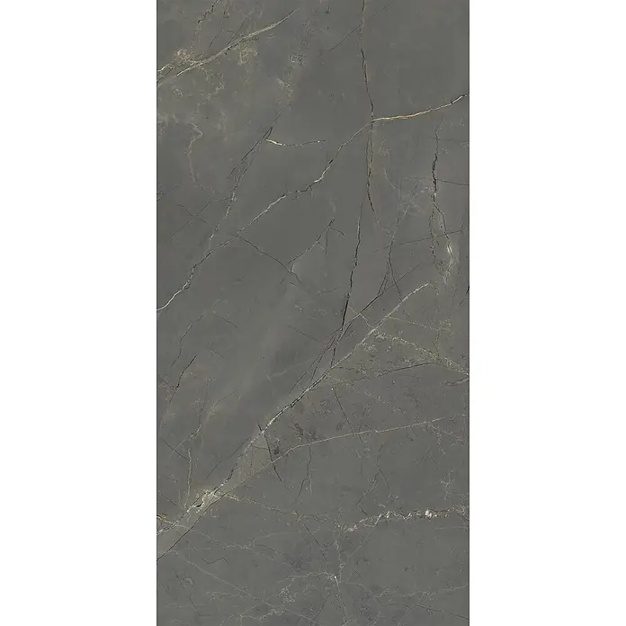 Feinsteinzeug in glänzender schwarzer Marmoroptik 60x120 - Ital. Fliesen -  - Dunkelgraue Marmorfliese mit eleganten, helleren Adern auf der gesamten Oberfläche.