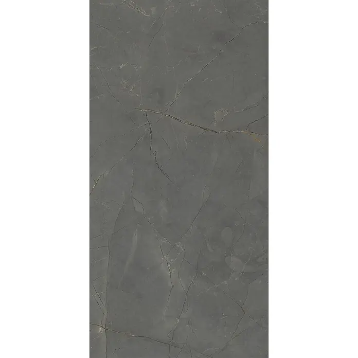 Feinsteinzeug in glänzender schwarzer Marmoroptik 60x120 - Ital. Fliesen -  - Dunkelgraue Marmorfliese mit ausgeprägter weißer und goldener Maserung.