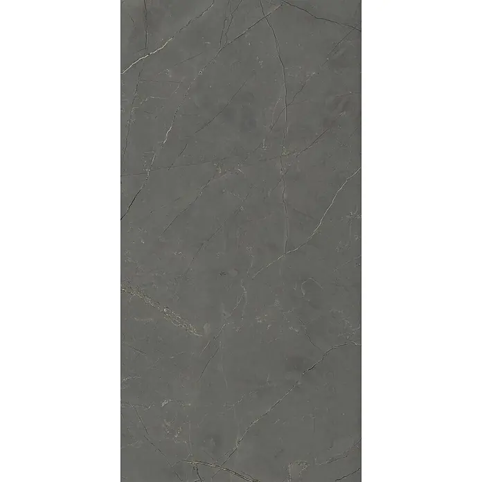 Feinsteinzeug in glänzender schwarzer Marmoroptik 60x120 - Ital. Fliesen -  - Dunkelgraue Marmorfliese mit weißen und goldenen Adern.