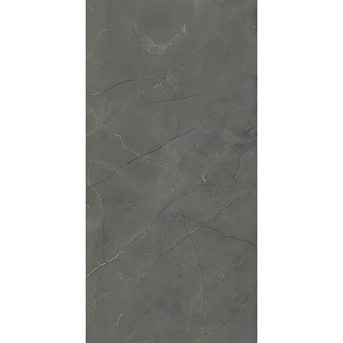 Feinsteinzeug in glänzender schwarzer Marmoroptik 60x120 - Ital. Fliesen -  - Dunkelgraue Marmorplatte mit markanten goldfarbenen und weißen Adern für elegante Oberflächen.