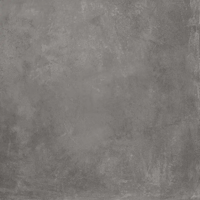 Feinsteinzeug in gewachster anthrazitfarbener Betonoptik 120x120 -  - Industrielle dunkelgraue Betonoptik-Fliese mit feiner Textur und leichten Rissen.