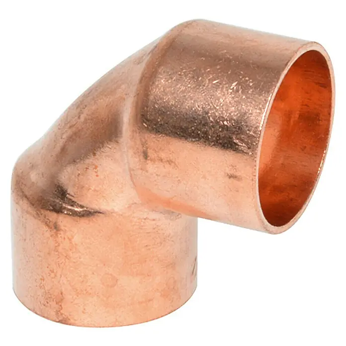 Kupfer-Winkel 5090 II - Durchmesser: 22 mm, 90 ° - Nahaufnahme eines 90-Grad-Kupferrohrbogens, glänzend und neu, für Sanitärinstallationen und Rohrleitungsbau.