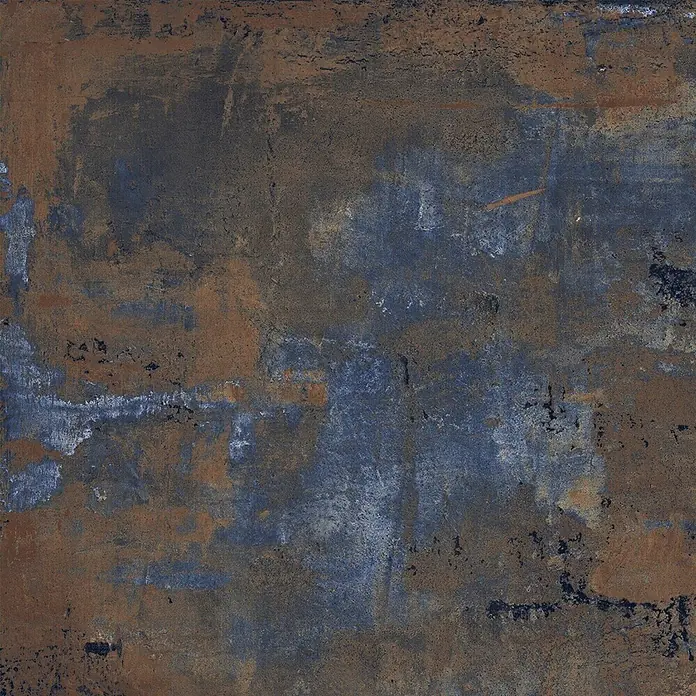 Feinsteinzeug in industrieller Corten Betonoptik 60x60 - Ital. Fliesen -  - Abgenutzte Industriefliese in Rostbraun und Dunkelblau-Grau mit Metalloptik.