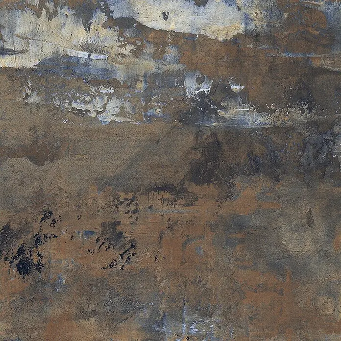 Feinsteinzeug in industrieller Corten Betonoptik 60x60 - Ital. Fliesen -  - Abstrakte Industrietextur mit rostbraunen, blauen und weißen Flecken, geeignet für Fliesen oder Paneele.