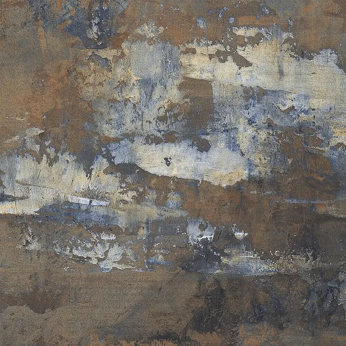 Feinsteinzeug in industrieller Corten Betonoptik 60x60 - Ital. Fliesen -  - Textur mit Used-Look und oxidiertem Metalleffekt in Blau-Grau- und Rosttönen.