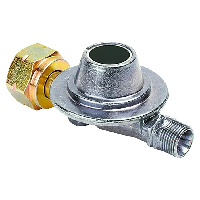 Gloria Druckminderer Thermoflamm bio - Anschlussgewinde: ⅜″, Betriebsdruck: 4 bar - Nahaufnahme eines Gasdruckreglers aus Metall mit Gewindeanschlüssen für den professionellen Einsatz.