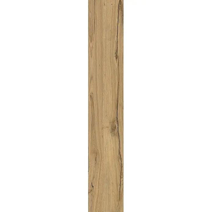 Feinsteinzeug in antiker Eichenholzoptik 20x120, rutschhemmend -  - Helle braune Holzplatte mit natürlicher Maserung, prominenten vertikalen Linien und dunklen Rissen.