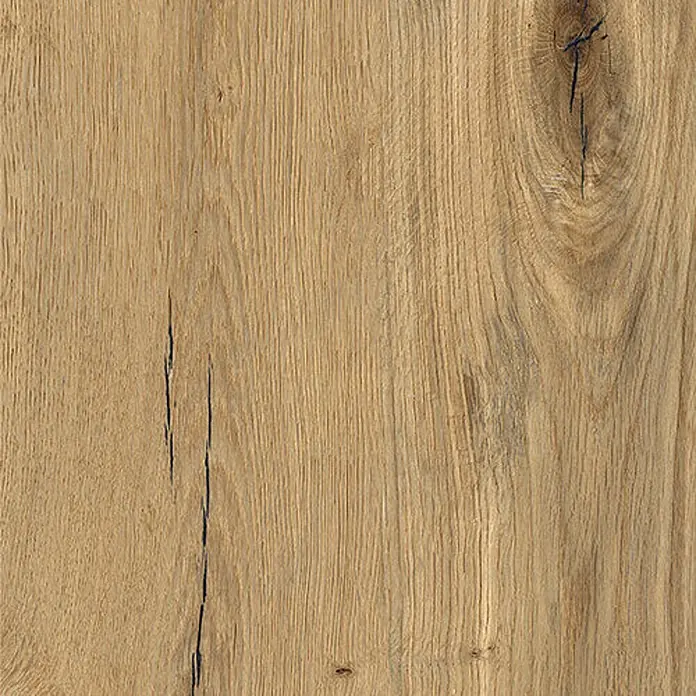 Feinsteinzeug in antiker Eichenholzoptik 20x120, rutschhemmend -  - Helle Naturholztextur mit ausgeprägter vertikaler Maserung, dunklen Rissen und Ast.