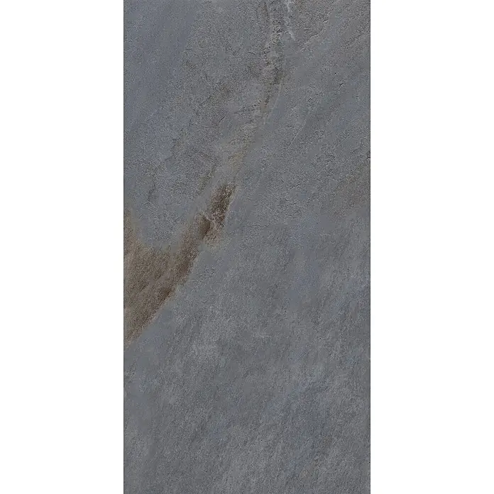 Feinsteinzeug in Steinoptik 60x120, 20 mm, rutschhemmend - Ital. Fliesen -  - Texturierte dunkelgraue Steinfliese mit subtilen braunen Adern.