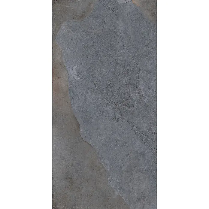 Feinsteinzeug in Steinoptik 60x120, 20 mm, rutschhemmend - Ital. Fliesen -  - Dunkelgraue Natursteinfliese mit texturierter Oberfläche, feinen Adern und erdigen Brauntönen.