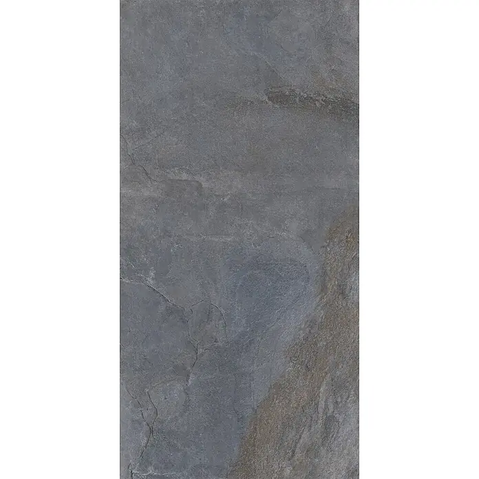 Feinsteinzeug in Steinoptik 60x120, 20 mm, rutschhemmend - Ital. Fliesen -  - Dunkelgraue Natursteinplatte mit strukturierter Oberfläche und subtilen Brauntönen.