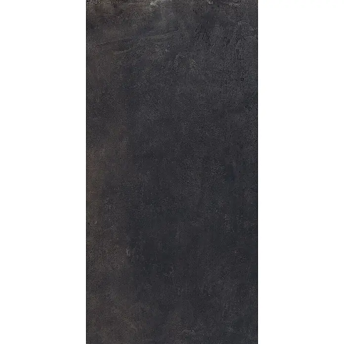 Feinsteinzeug in metallischer schwarzer Betonoptik 60x120 - Ital. Fliesen -  - Dunkle, strukturierte Oberfläche.