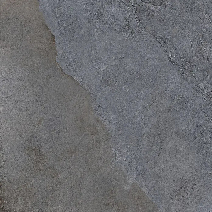 Feinsteinzeug in Steinoptik 60x120, 20 mm, rutschhemmend - Ital. Fliesen -  - Dunkelgraue strukturierte Stein- oder Betonfliese mit natürlichen Variationen und Adern.