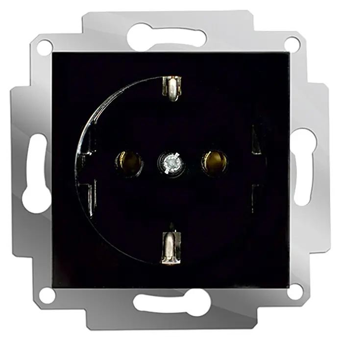 Voltomat ART Steckdose - Schwarz, 6 Stk., Kunststoff - Nahaufnahme einer schwarzen Schuko-Steckdose mit silberfarbenem Rahmen, die moderne Funktionalität und elegantes Design vereint.