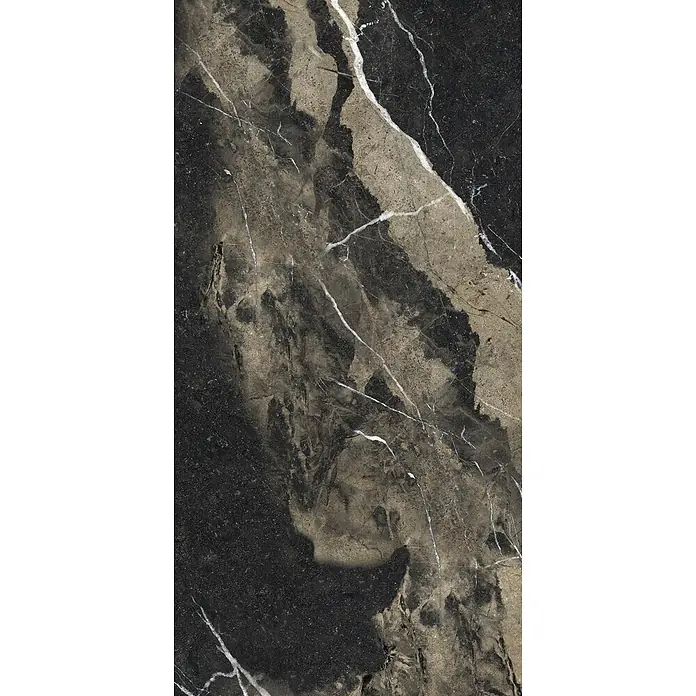 Feinsteinzeug in glänzend beiger Marmoroptik mit schwarzer - Ital. Fliesen -  - Dunkle Marmorplatte mit markanten weißen und beigen Naturadern für elegante Oberflächen.