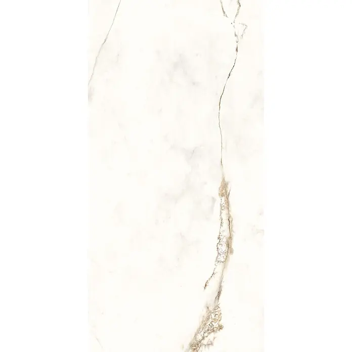 Feinsteinzeug in Gold extra Calacatta-Marmoroptik 60x120 - Ital. Fliesen -  - Weiße Marmoroptik-Fliese mit ausgeprägter goldener und brauner Äderung, für Wände oder Böden.