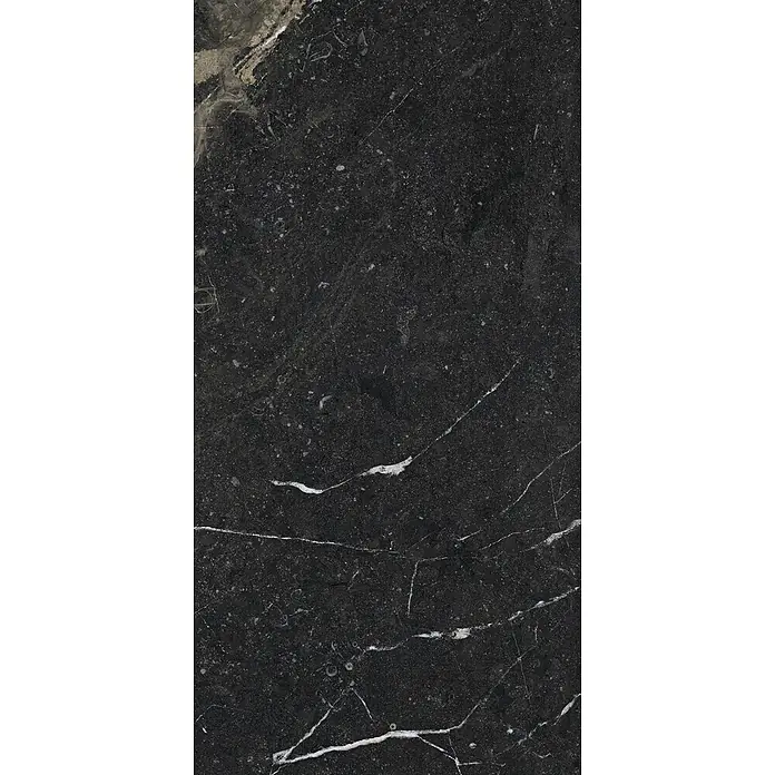Feinsteinzeug in glänzend beiger Marmoroptik mit schwarzer - Ital. Fliesen -  - Dunkler Marmor mit ausgeprägten weißen Adern und fossilen Einschlüssen.