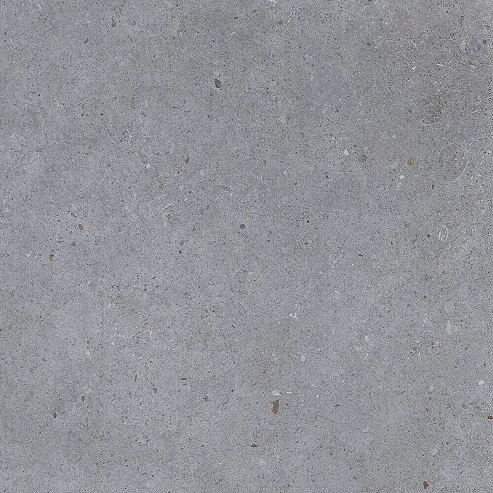 Feinsteinzeug in dunkelgrauer Betonoptik 60x60, rutschhemmend -  - Graue, gesprenkelte Steinoberfläche.