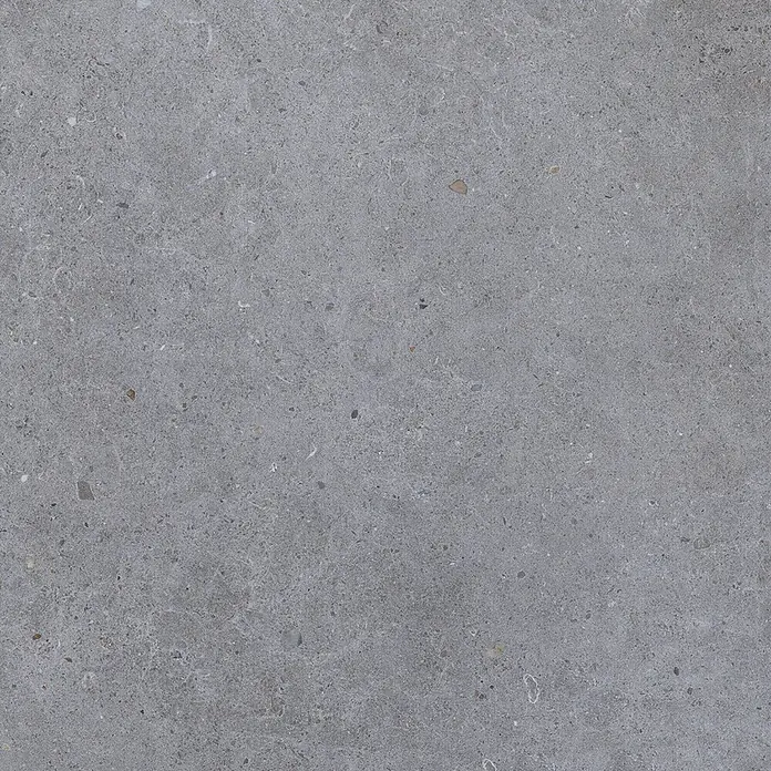 Feinsteinzeug in dunkelgrauer Betonoptik 60x60, rutschhemmend -  - Graue gesprenkelte, matte Steinoptik-Fliesenoberfläche.