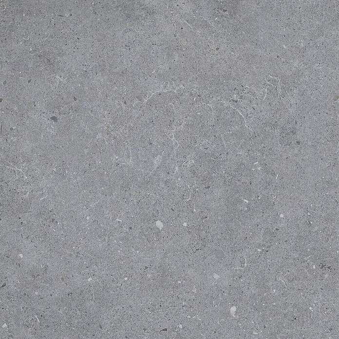 Feinsteinzeug in dunkelgrauer Betonoptik 60x60, rutschhemmend -  - Graue Stein- oder Fliesenoberfläche mit gesprenkelter Textur und subtiler weißer Äderung.