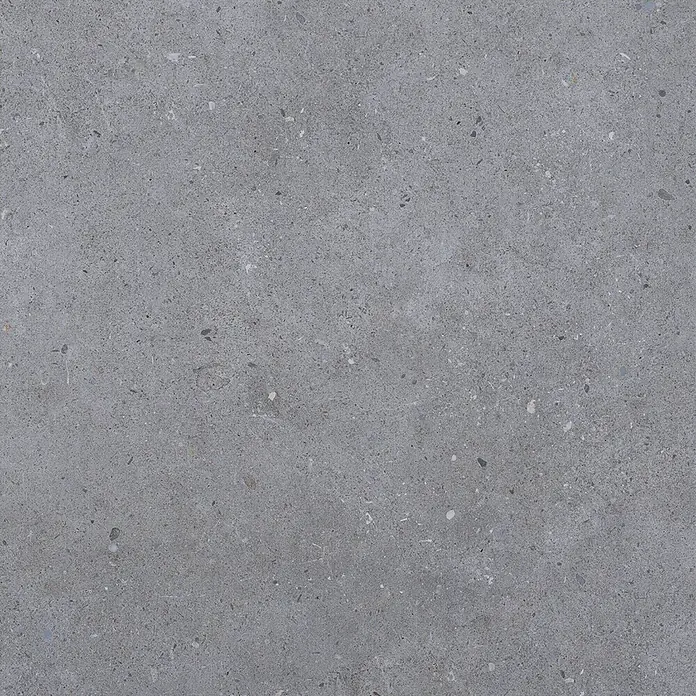 Feinsteinzeug in dunkelgrauer Betonoptik 60x60, rutschhemmend -  - Strukturierte graue Betonoberfläche mit kleinen dunkleren und helleren Sprenkeln.