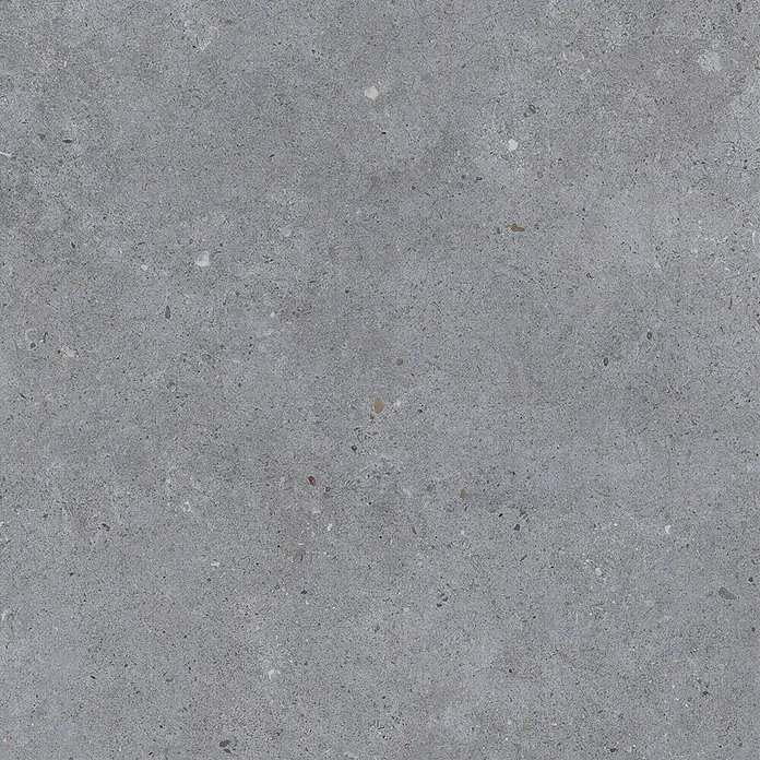 Feinsteinzeug in dunkelgrauer Betonoptik 60x60, rutschhemmend -  - Graue gesprenkelte Terrazzo- oder Betonfliese mit variierten Zuschlagstoffen.