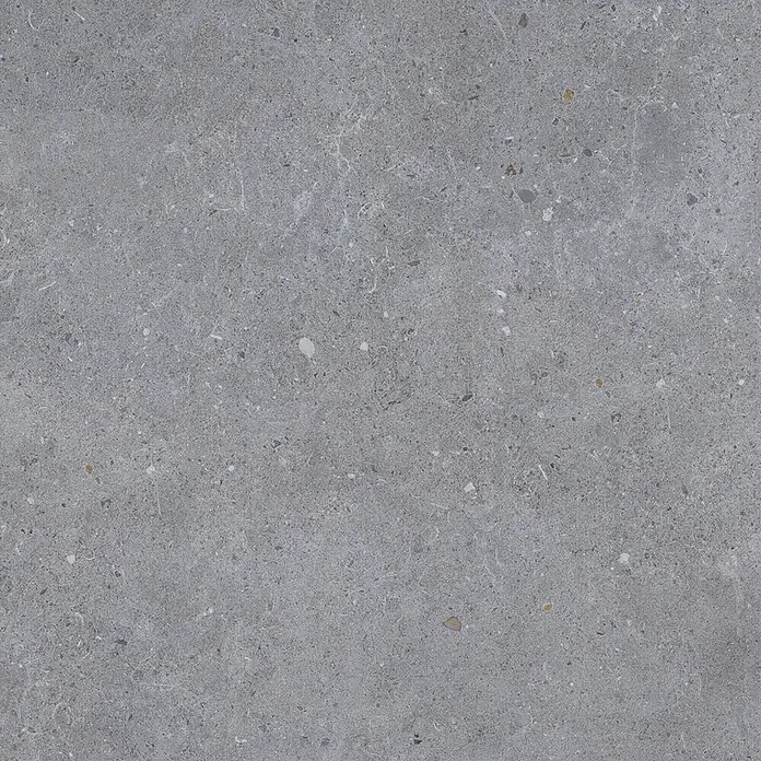 Feinsteinzeug in dunkelgrauer Betonoptik 60x60, rutschhemmend -  - Strukturierte graue Steinoberfläche mit verstreuten hellen und dunklen Sprenkeln, ideal für Böden oder Verkleidungen.