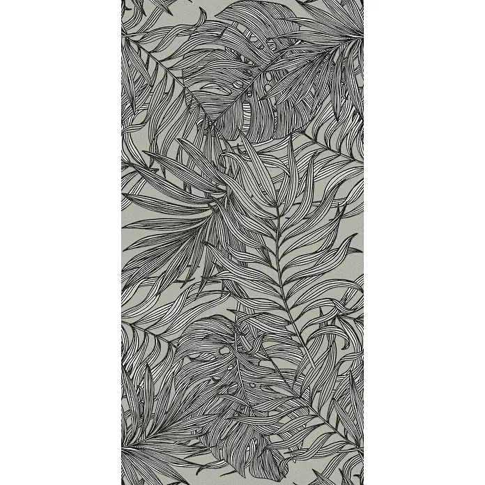Dekorierte Wandfliese aus Feinsteinzeug 08 60x120 - Italienische Fliesen -  - Monochromes strukturiertes Muster mit Umrissen von Palmen- und Monstera-Blättern.