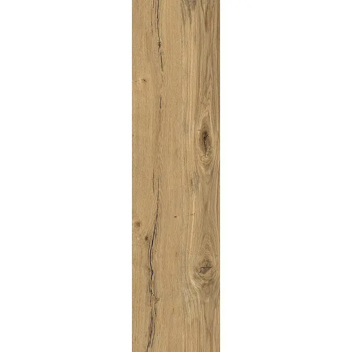 Feinsteinzeug in Holzoptik 30x120, 20 mm, rutschhemmend - Ital. Fliesen -  - Helle Holzdiele mit ausgeprägter Maserung, natürlichen Ästen und dunklen Rissen.