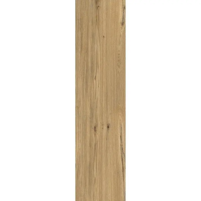 Feinsteinzeug in Holzoptik 30x120, 20 mm, rutschhemmend - Ital. Fliesen -  - Hellbraunes Holzpaneel mit sichtbarer Maserung und natürlichen Ästen.