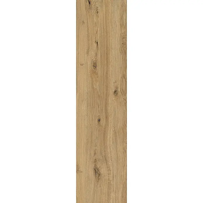 Feinsteinzeug in Holzoptik 30x120, 20 mm, rutschhemmend - Ital. Fliesen -  - Hellbraunes Holzpaneel mit ausgeprägter Maserung und natürlichen Ästen.