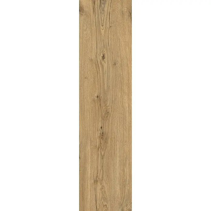 Feinsteinzeug in Holzoptik 30x120, 20 mm, rutschhemmend - Ital. Fliesen -  - Hellbraune Holzdiele mit ausgeprägter Maserung und Ästen, geeignet für Böden oder Paneele.