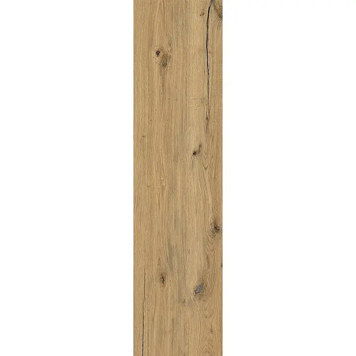 Feinsteinzeug in Holzoptik 30x120, 20 mm, rutschhemmend - Ital. Fliesen -  - Naturholztextur in hellem Braun mit deutlicher Maserung, Ästen und Rissen.