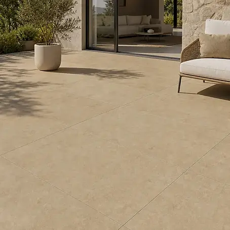 Feinsteinzeug in beiger Betonoptik 120x120 - Italienische Fliesen