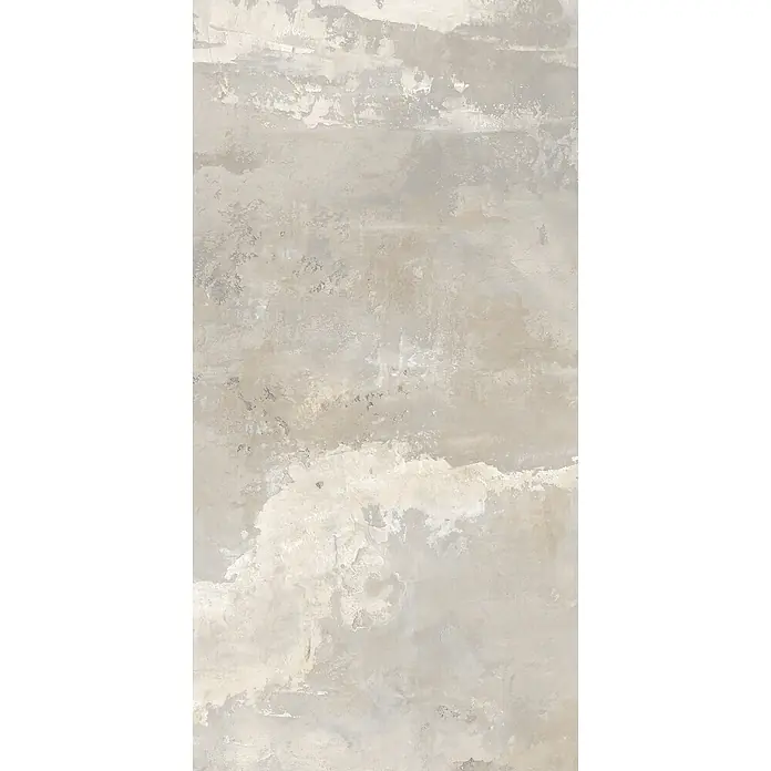 Feinsteinzeug in industrieller beiger Betonoptik 60x120 - Ital. Fliesen -  - Helle beige und graue, verwitterte Textur, die gealtertem Beton oder Putz ähnelt.