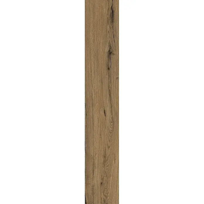 Feinsteinzeug in matter antiker Nussbaumholzoptik 20x120 - Ital. Fliesen -  - Natürliche, mittelbraune Holzstruktur mit ausgeprägter Maserung und sichtbaren Ästen/Rissen.