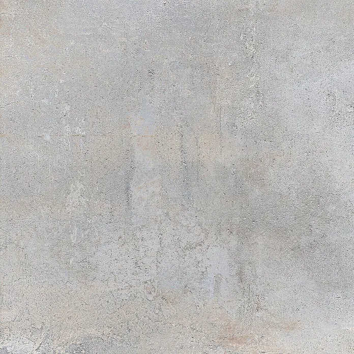 Feinsteinzeug in metallischer hellgrauer Betonoptik 60x60 - Ital. Fliesen -  - Hellgraue Betontextur mit subtilen Farbvariationen und einer verwitterten Oberfläche.